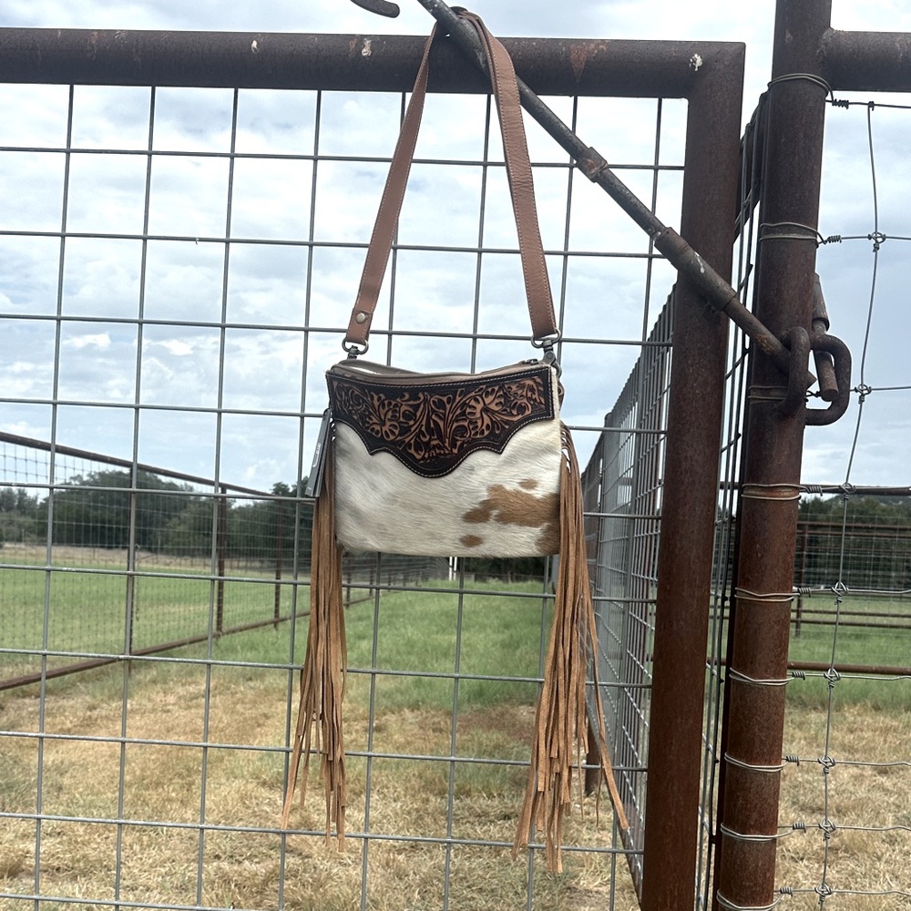 Brown and Tan Fringe Myra Cowhide Women Bag